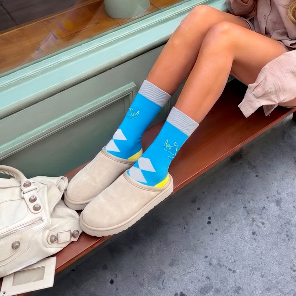 Rhino Print Blue, Yellow &amp; Grey Argyle Crew Socks worn with Uggs sandals