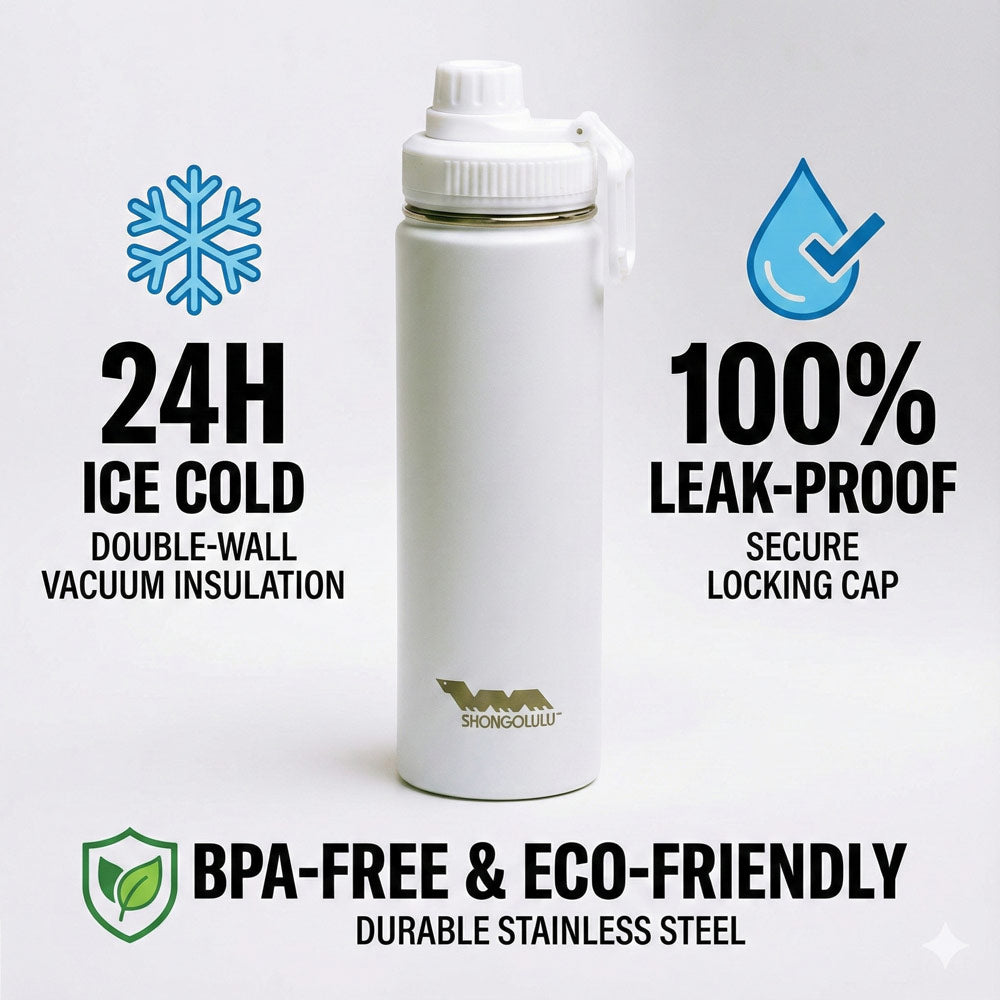 White insulated water bottle with features highlighted on a light gray background