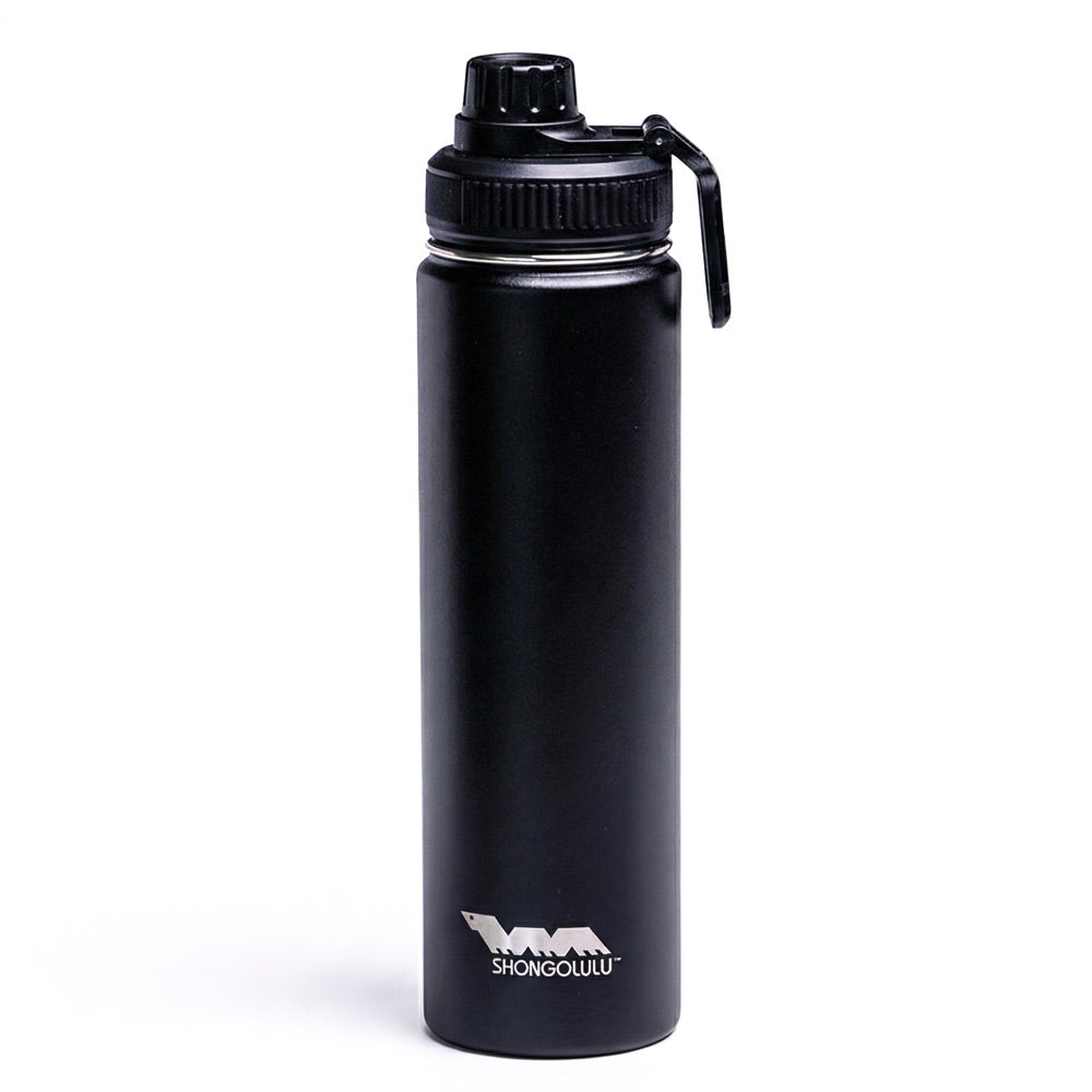 Black Shongolulu water bottle with a black lid on a white background