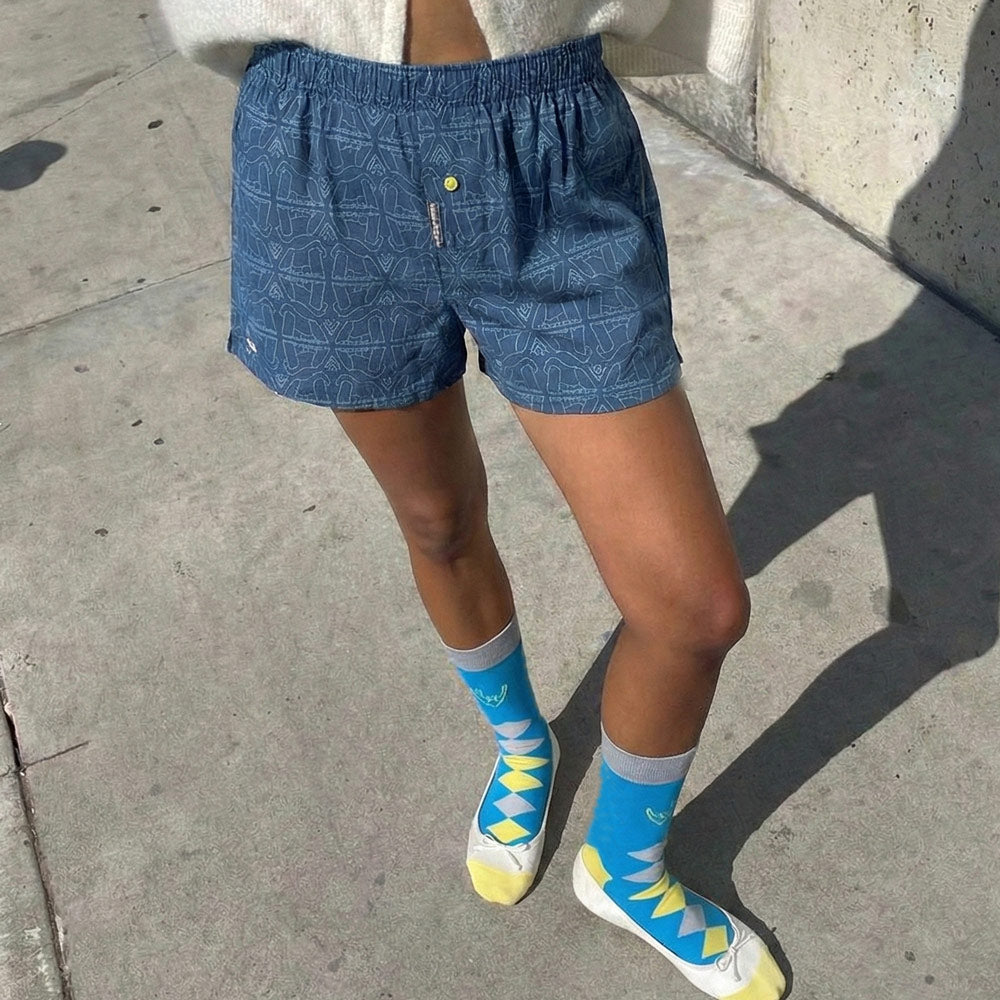 Rhino Argyle Crew Socks in Blue Yellow & Grey - also shown blue gorilla print boxer shorts