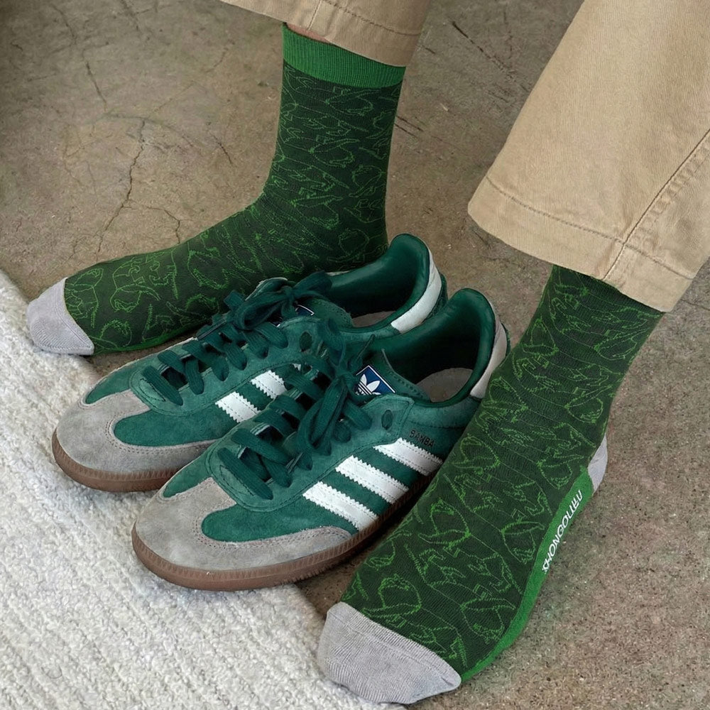 green lion print socks shown with green Samba sneakers
