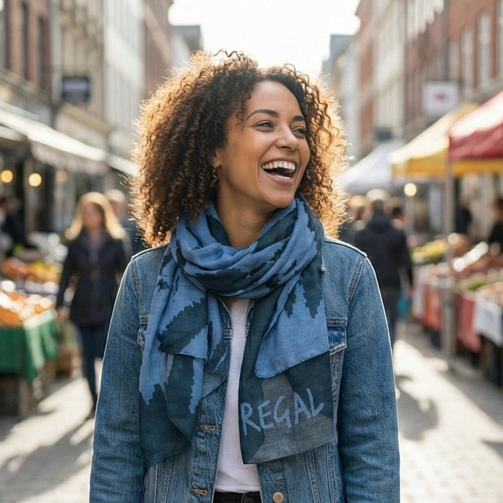 Woman wearing the Shongolulu Regal Lion Print Blue Scarf