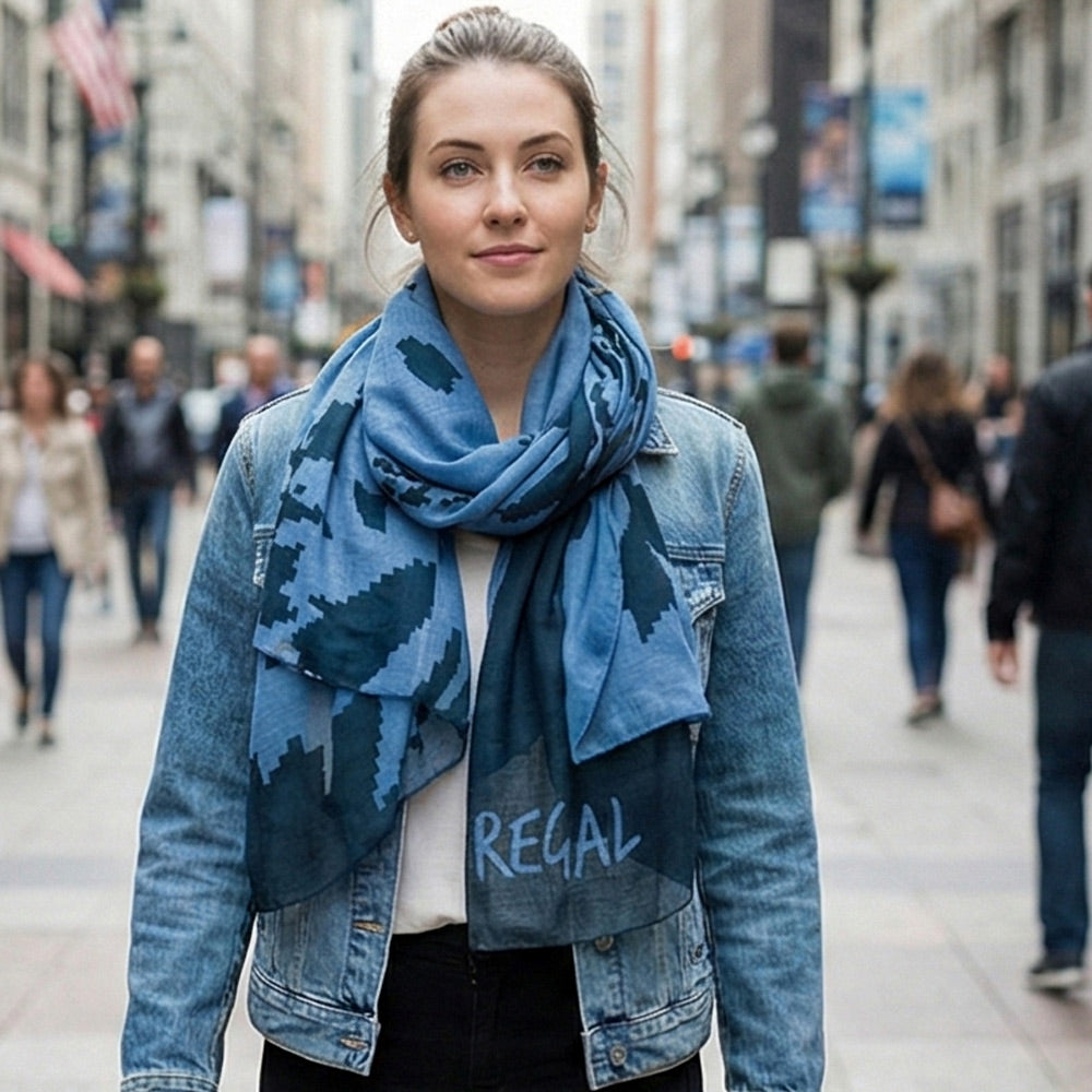 Woman wearing the Shongolulu Regal Lion Print Blue Scarf draped