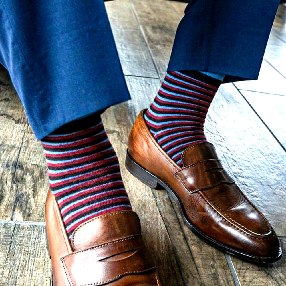 Tiger Stripe Tall Socks in Red Blue & Black