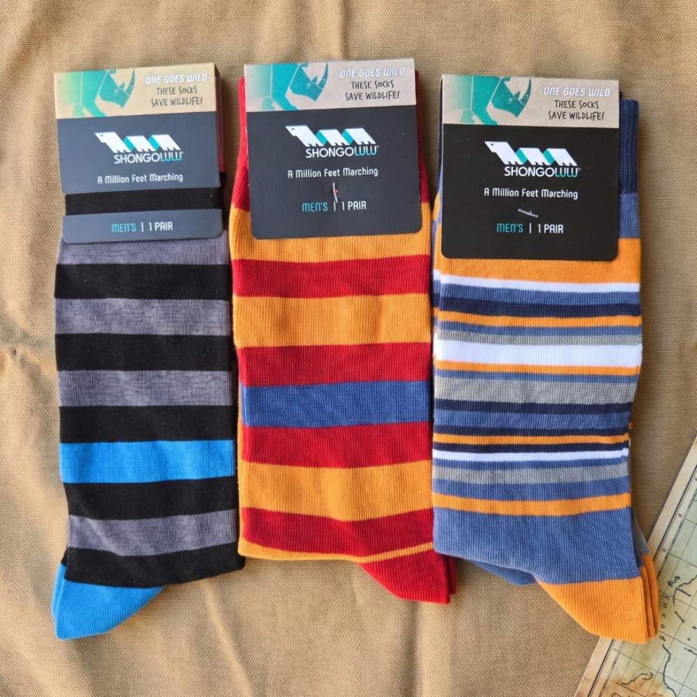 Men’s Striped Safari Socks 3-Pack: Featuring Gorilla, Rhino and Lion Prints
