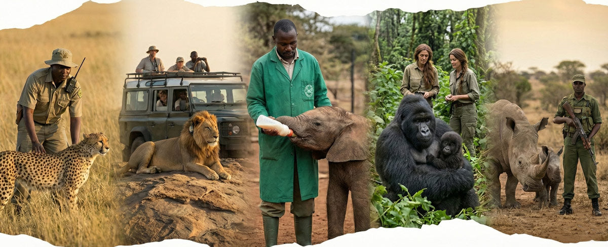 Collage of wildlife and conservation scenes including cheetah, rhino, gorilla, lion and elephant