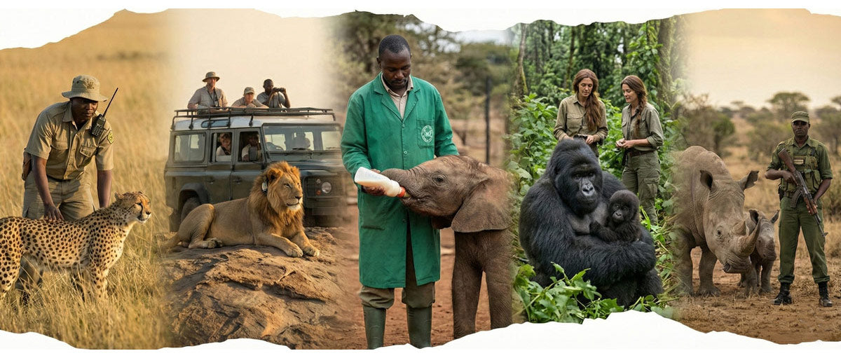 Collage of wildlife and conservation scenes including cheetah, rhino, gorilla, lion and elephant