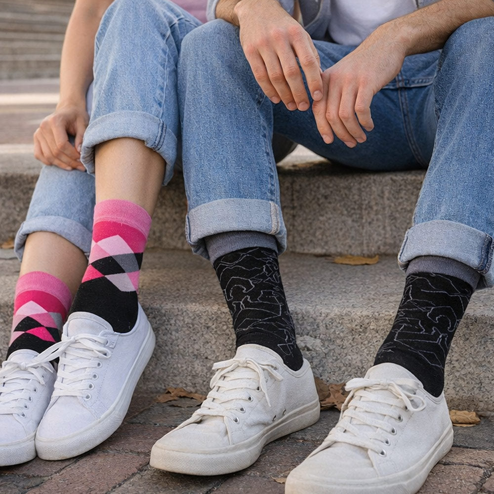 Rhino Pattern Black & Blue Tall Socks - Shongolulu - also shown pink and black argyle crew socks for females