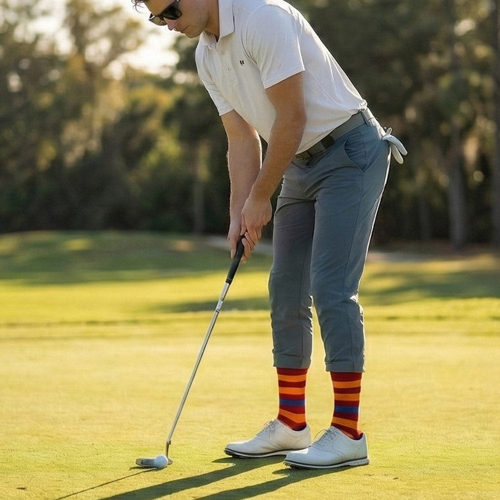 Shongolulu Lion print socks in orange red and blue stripes - colorful golf socks