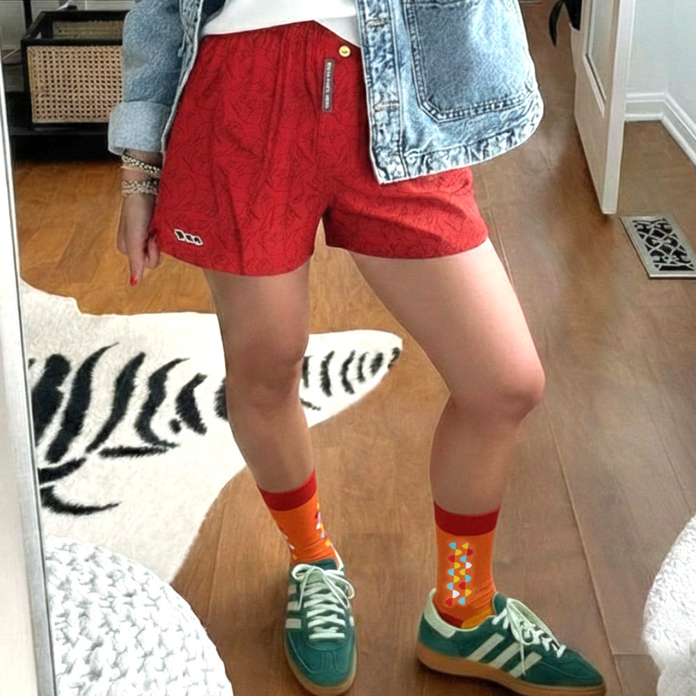 Lion Print Red Orange & Yellow Crew Socks- also shown red lion print boxer shorts