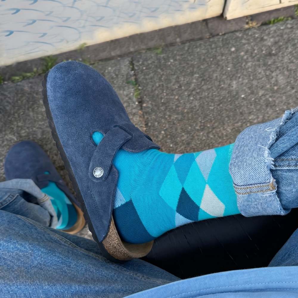 Shongolulu elephant print blue argyle crew socks worn with blue Birkenstock sandals