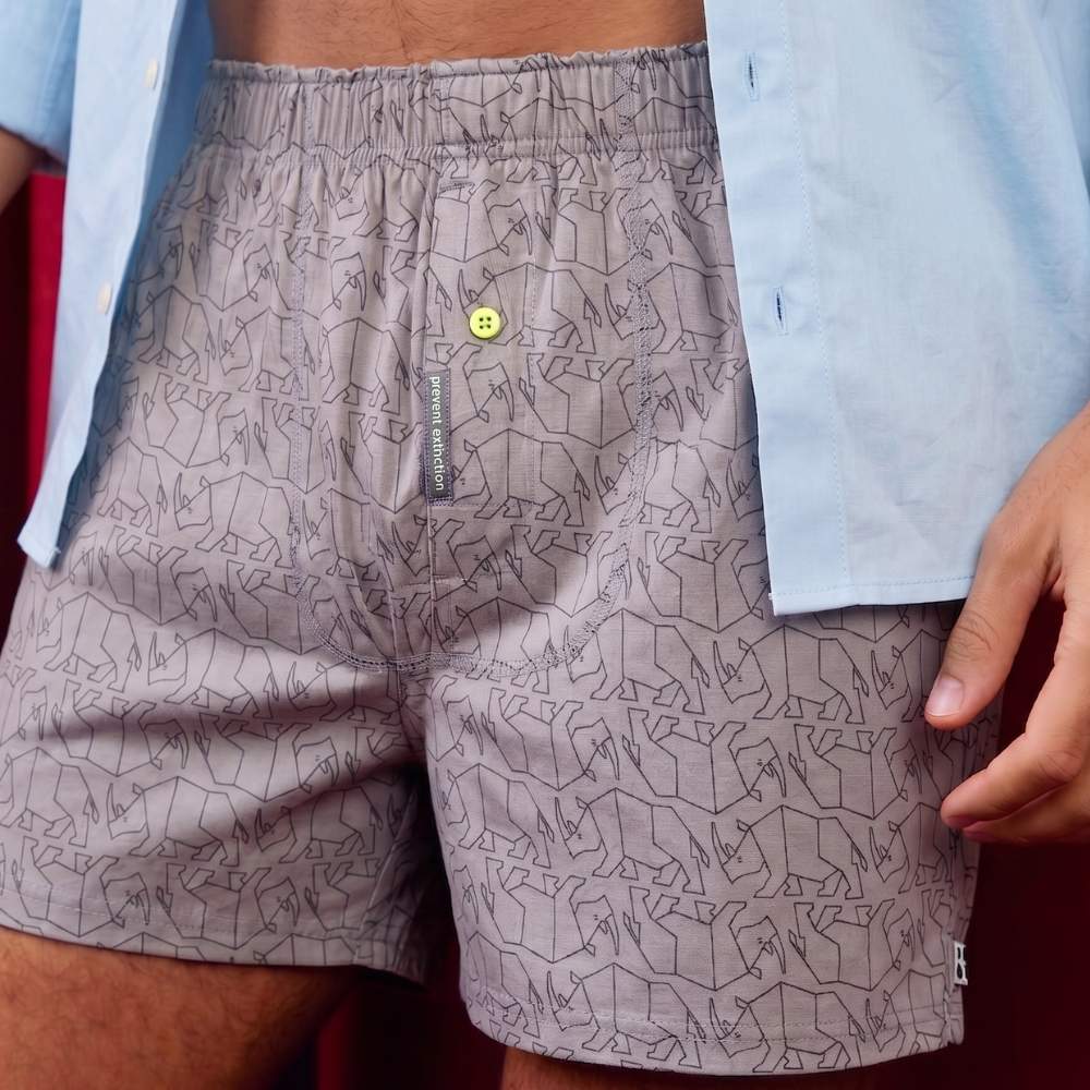 rhino print grey boxer shorts worn with light blue shirt