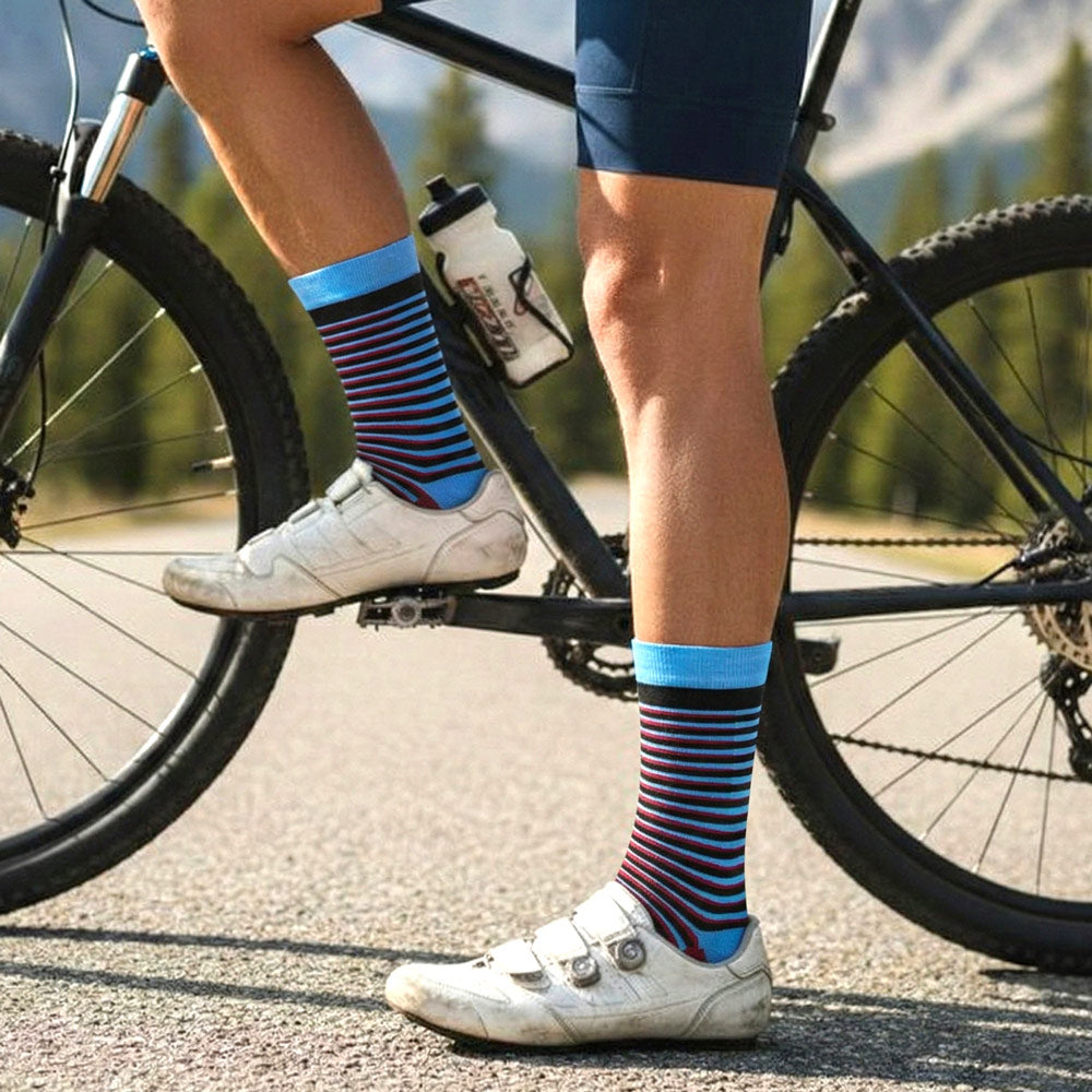 Tiger stripe socks in tall size worn by cyclist