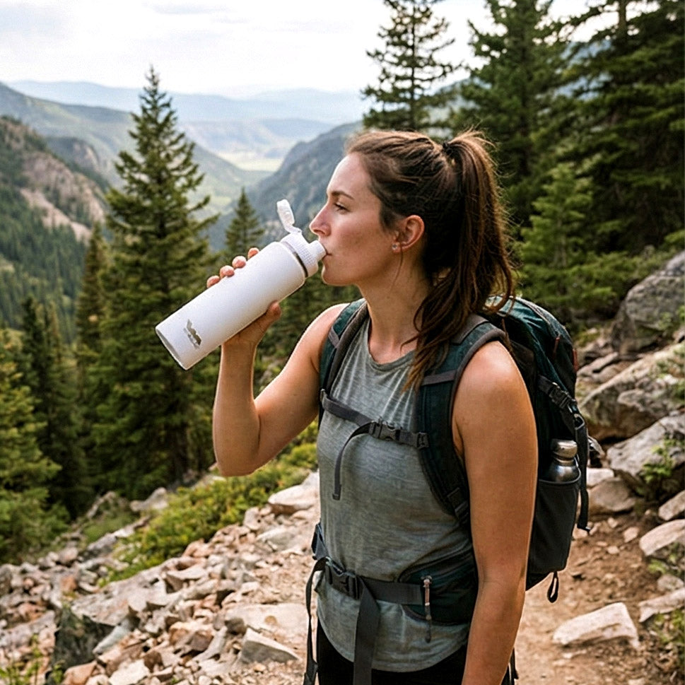 Woman hiking in a mountainous area, drinking from a Shongolulu water bottle.