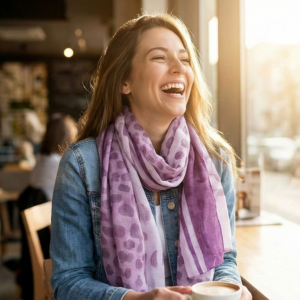 College girl wearing the Purple Cheetah print scarf