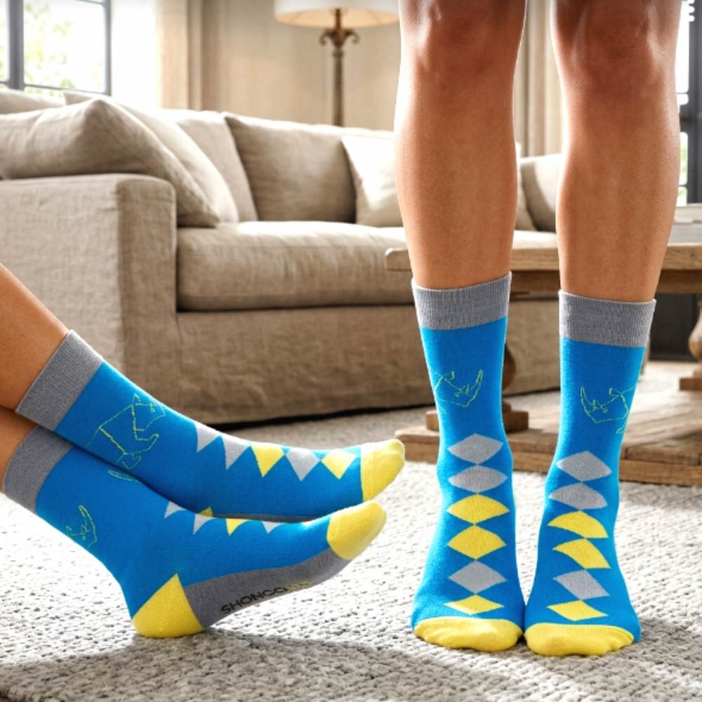 blue and yellow womens crew socks with rhino print